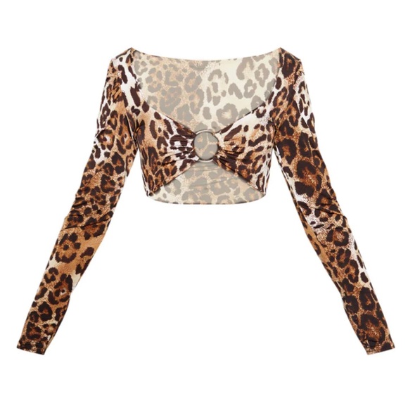 PrettyLittleThing Tan Leopard Slinky O Ring Long Sleeve Crop Top Size US-6 - Picture 5 of 14